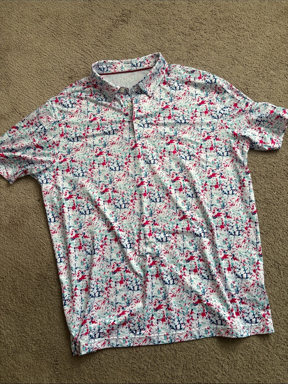 Men's White Polo with Pink and Blue Splatter Print